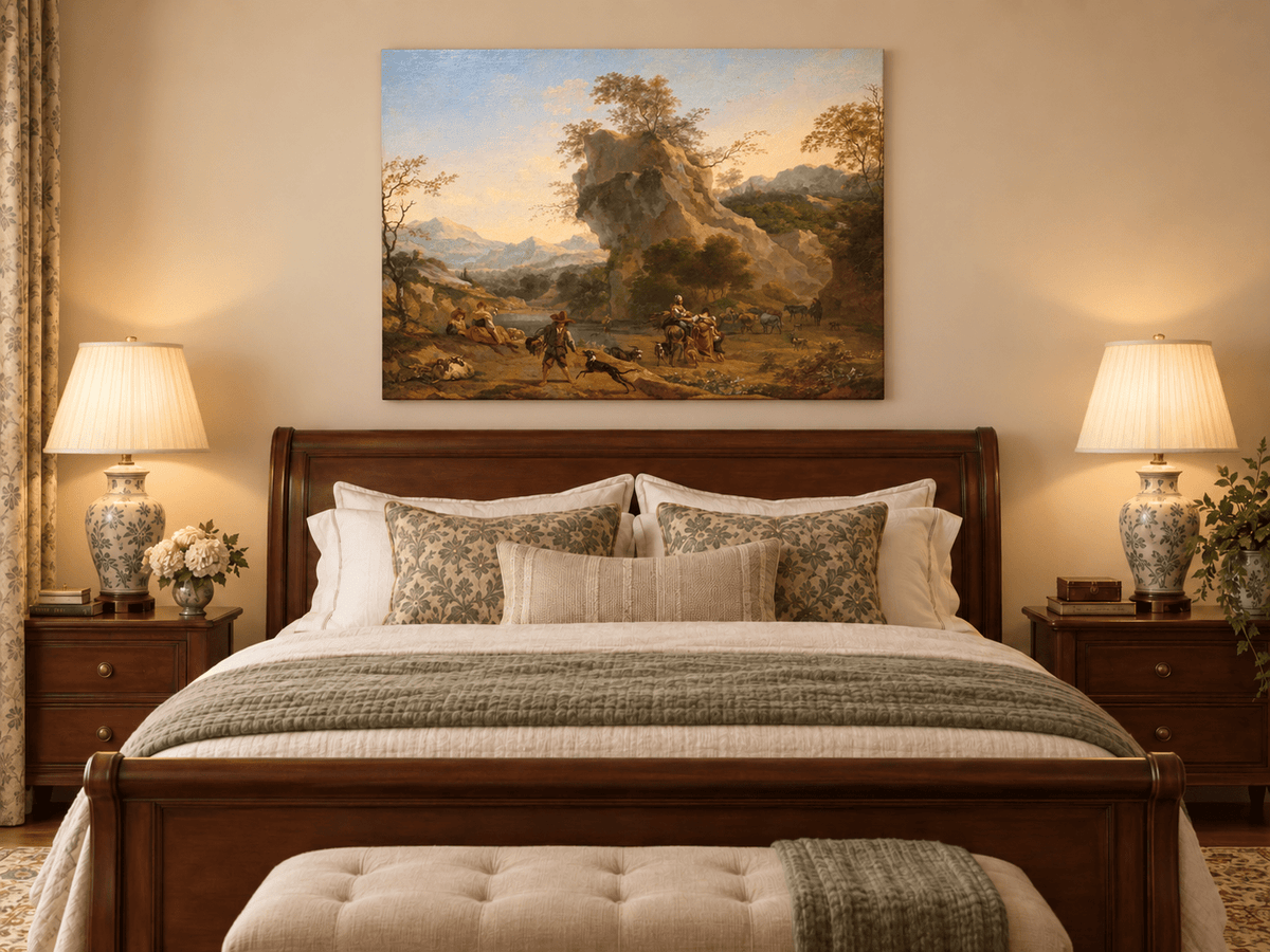 Hand-painted Southern Mountain Valley with Figures landscape oil painting displayed as wall art in a styled interior