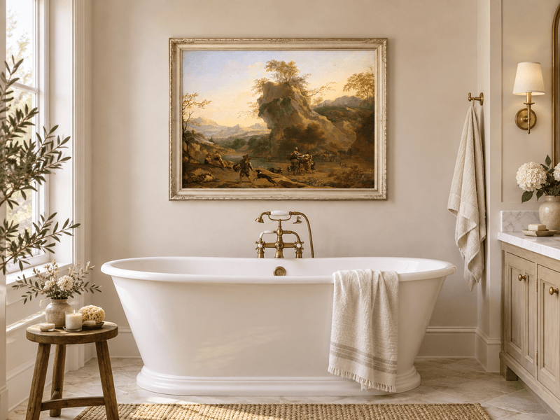 Hand-painted Southern Mountain Valley with Figures landscape oil painting displayed as wall art in a styled interior