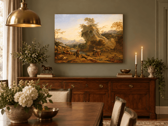 Hand-painted Southern Mountain Valley with Figures landscape oil painting displayed as wall art in a styled interior