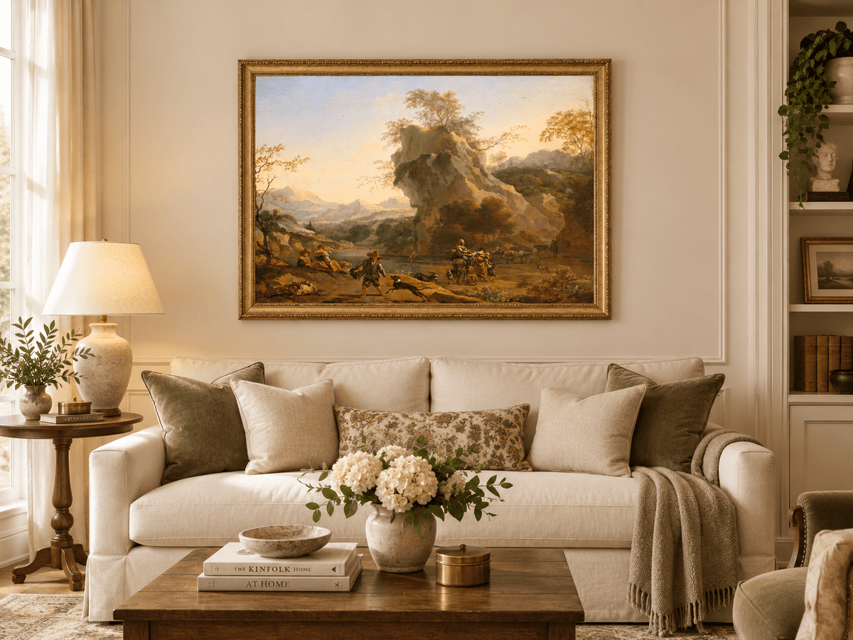 Hand-painted Southern Mountain Valley with Figures landscape oil painting displayed as wall art in a styled interior