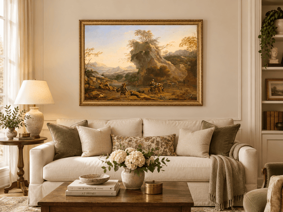 Hand-painted Southern Mountain Valley with Figures landscape oil painting displayed as wall art in a styled interior
