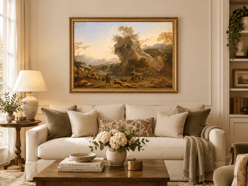 Hand-painted Southern Mountain Valley with Figures landscape oil painting displayed as wall art in a styled interior