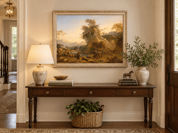 Hand-painted Southern Mountain Valley with Figures landscape oil painting displayed as wall art in a styled interior