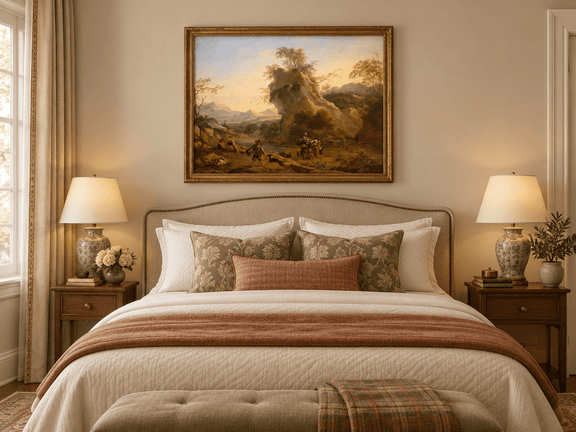 Hand-painted Southern Mountain Valley with Figures landscape oil painting displayed as wall art in a styled interior