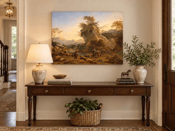 Hand-painted Southern Mountain Valley with Figures landscape oil painting displayed as wall art in a styled interior