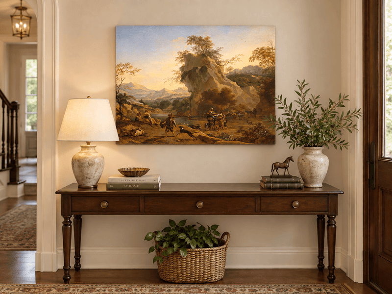 Hand-painted Southern Mountain Valley with Figures landscape oil painting displayed as wall art in a styled interior
