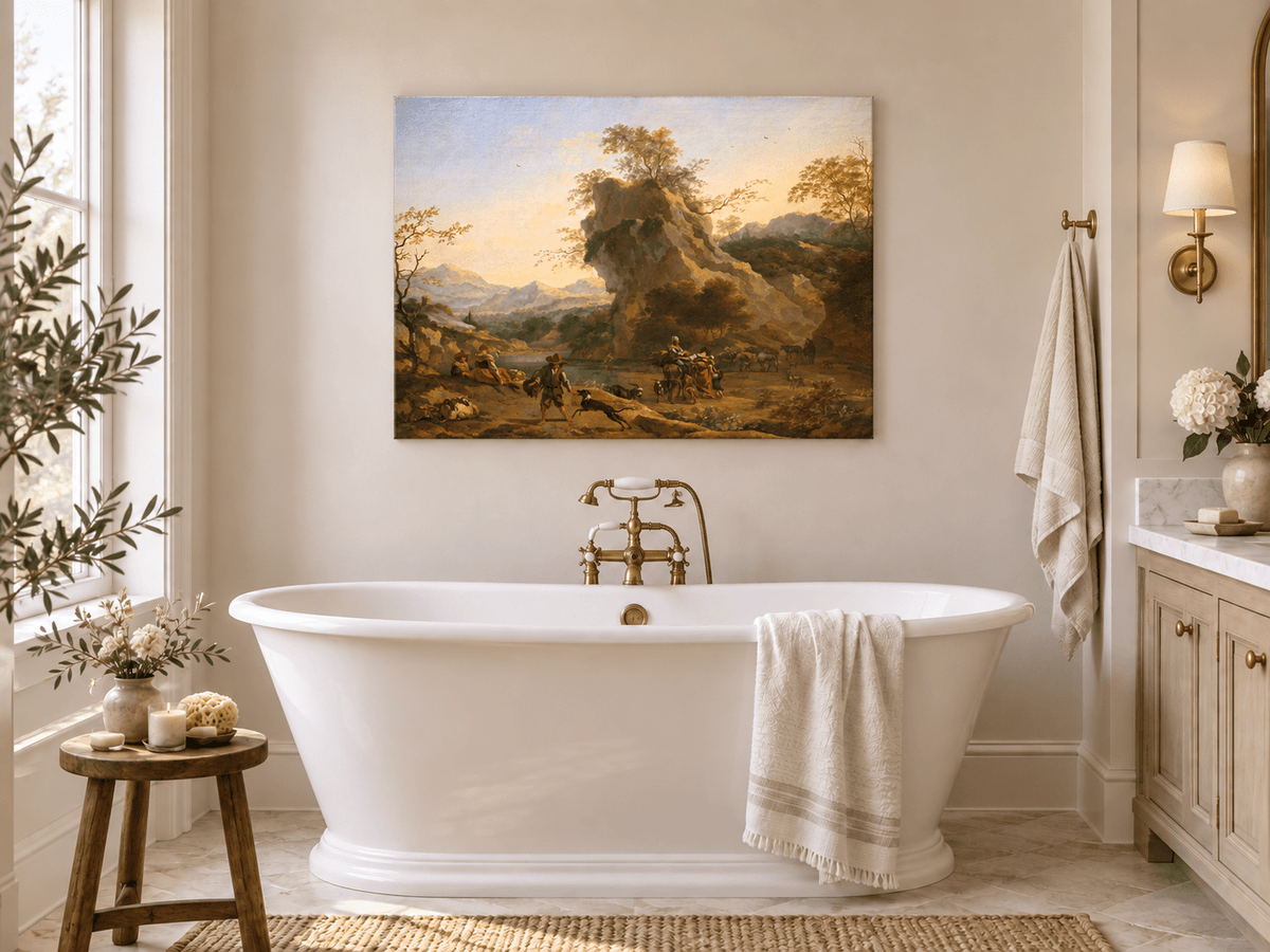 Hand-painted Southern Mountain Valley with Figures landscape oil painting displayed as wall art in a styled interior