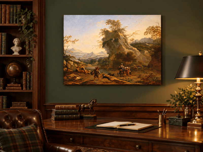 Hand-painted Southern Mountain Valley with Figures landscape oil painting displayed as wall art in a styled interior