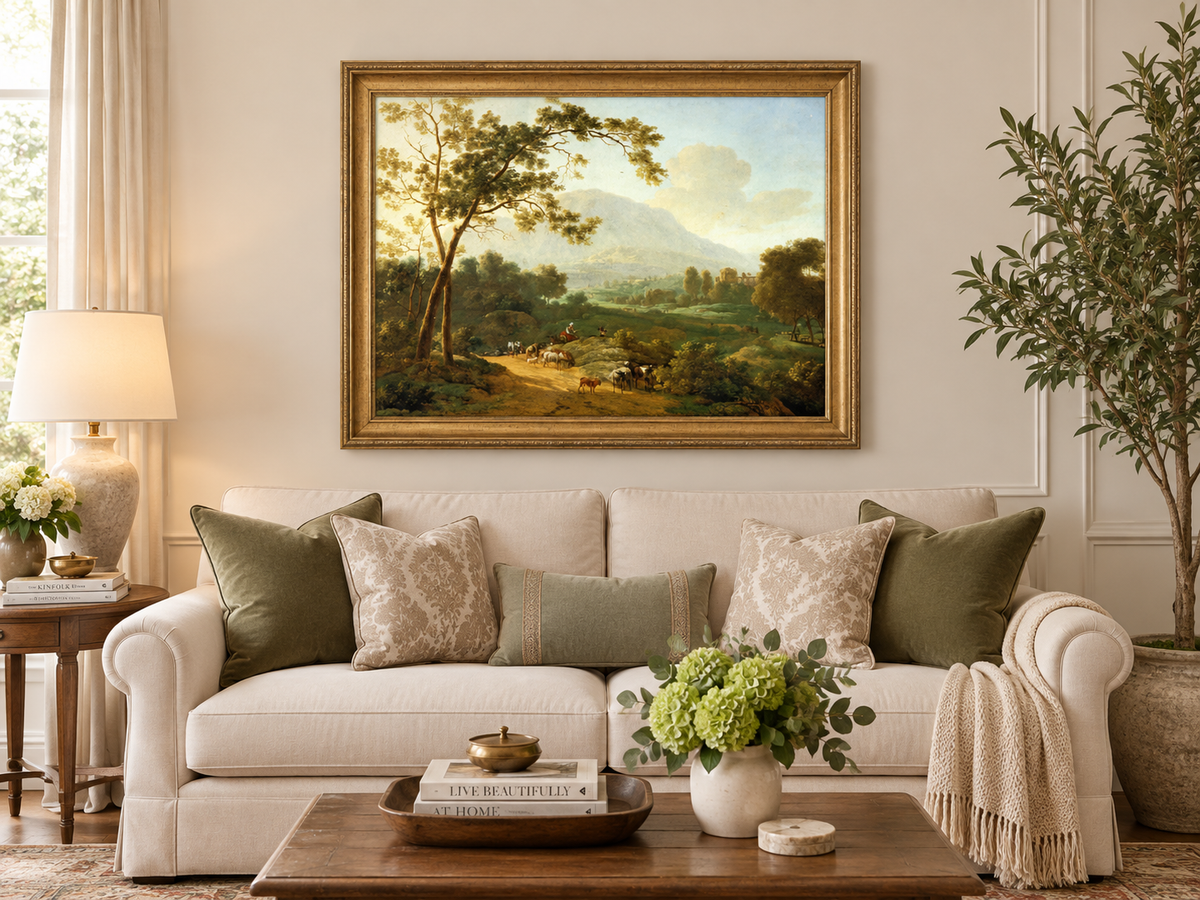 Hand-painted Southern Valley with Herdsmen landscape oil painting displayed as wall art in a styled interior