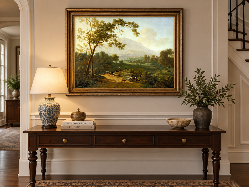 Hand-painted Southern Valley with Herdsmen landscape oil painting displayed as wall art in a styled interior