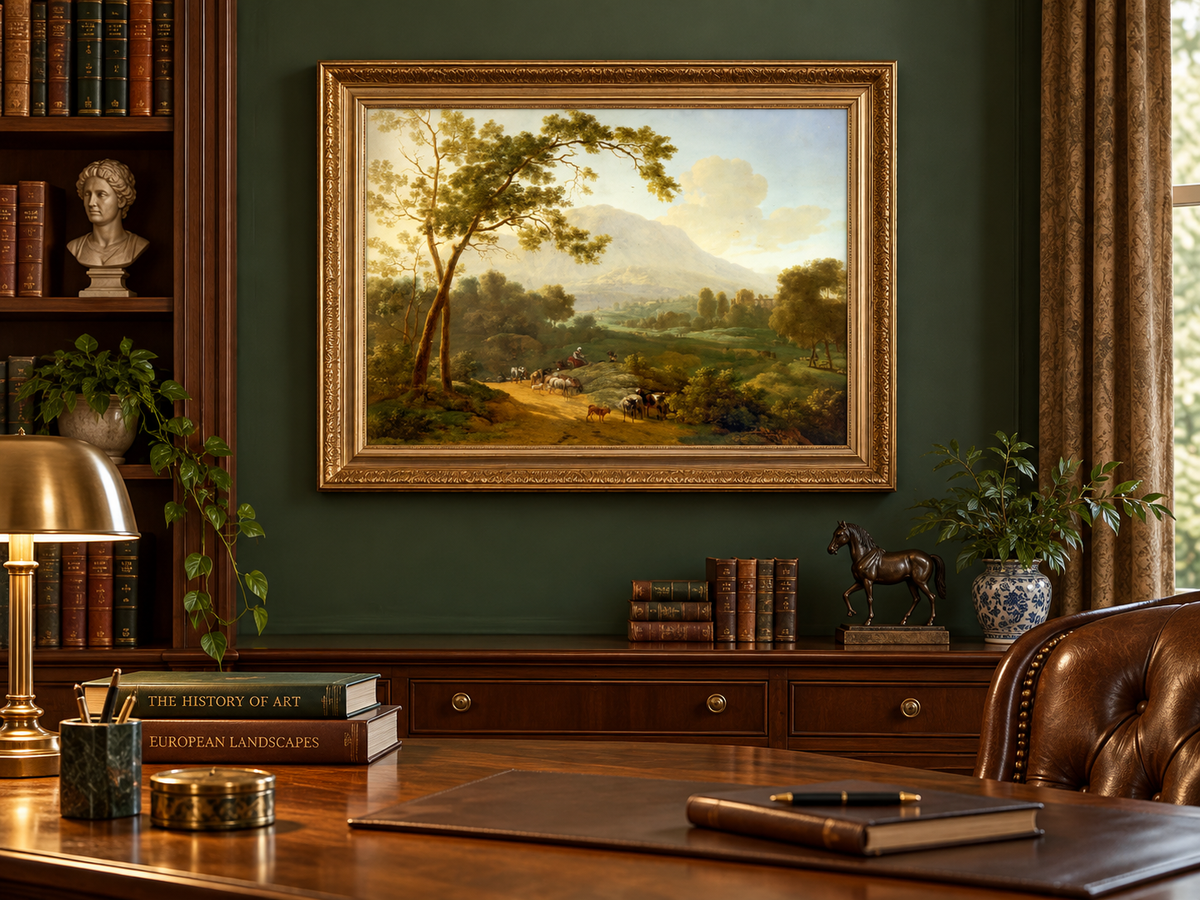 Hand-painted Southern Valley with Herdsmen landscape oil painting displayed as wall art in a styled interior