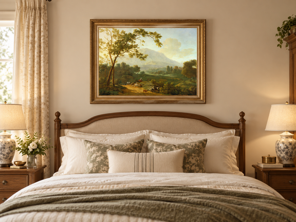 Hand-painted Southern Valley with Herdsmen landscape oil painting displayed as wall art in a styled interior