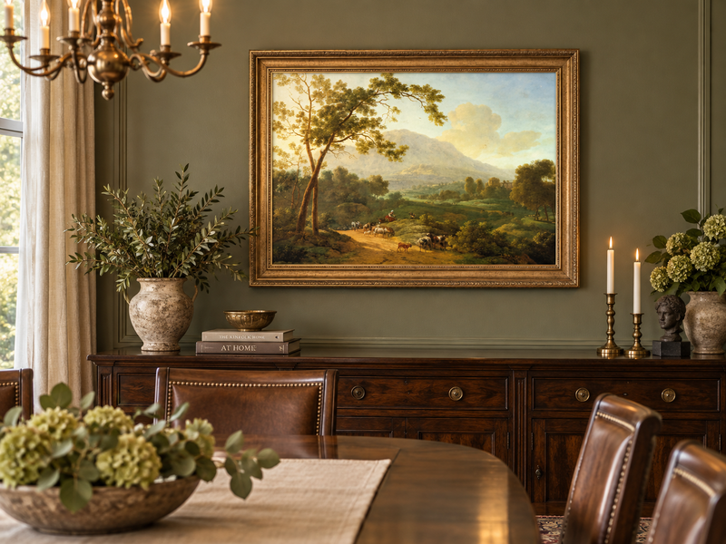 Hand-painted Southern Valley with Herdsmen landscape oil painting displayed as wall art in a styled interior