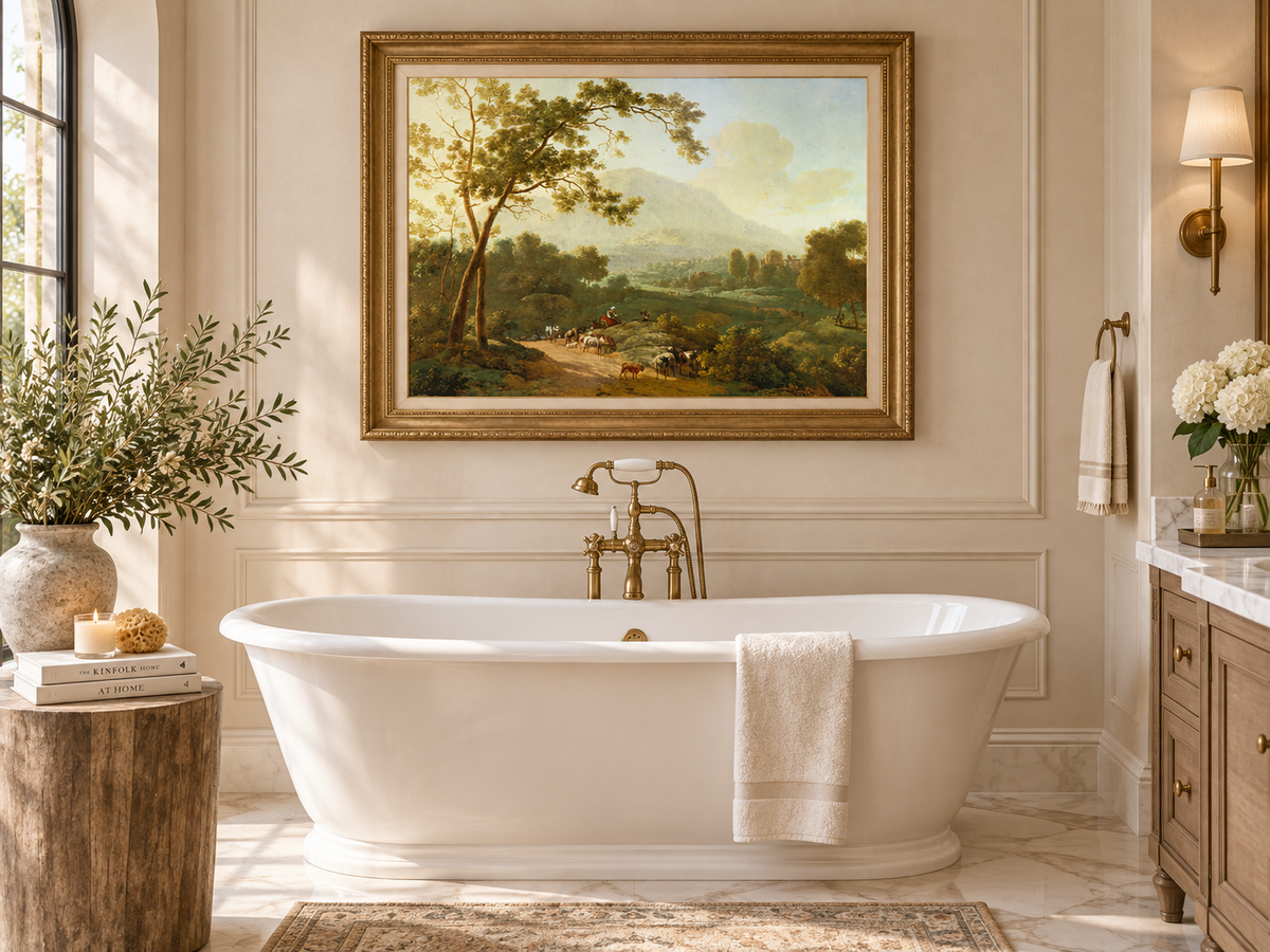 Hand-painted Southern Valley with Herdsmen landscape oil painting displayed as wall art in a styled interior