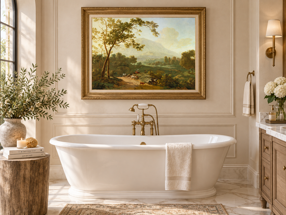Hand-painted Southern Valley with Herdsmen landscape oil painting displayed as wall art in a styled interior