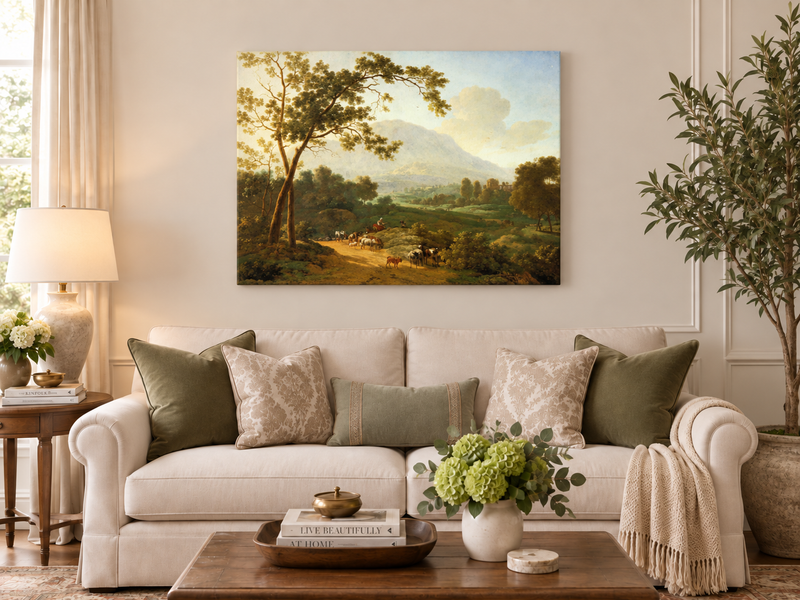 Hand-painted Southern Valley with Herdsmen landscape oil painting displayed as wall art in a styled interior