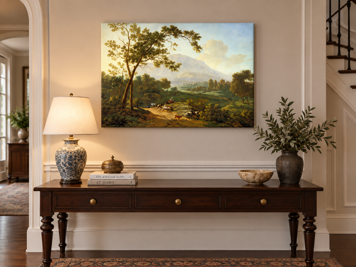 Hand-painted Southern Valley with Herdsmen landscape oil painting displayed as wall art in a styled interior