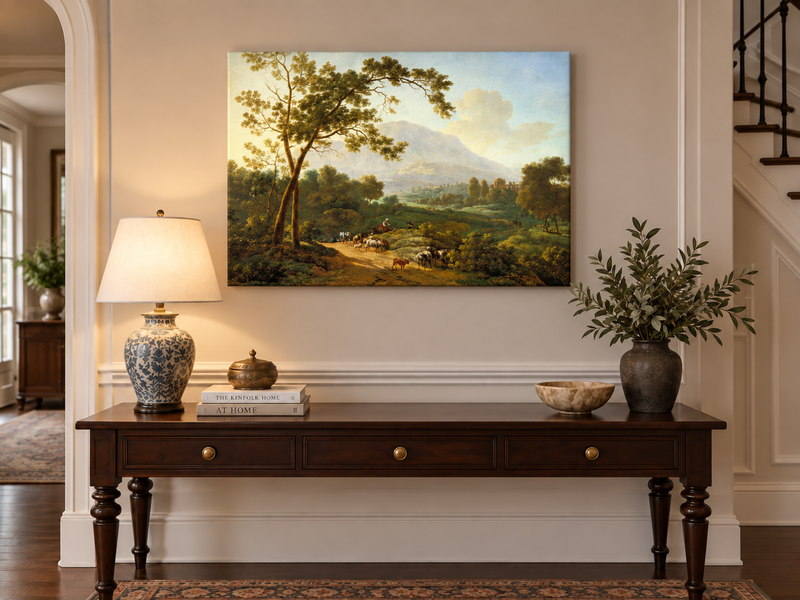 Hand-painted Southern Valley with Herdsmen landscape oil painting displayed as wall art in a styled interior