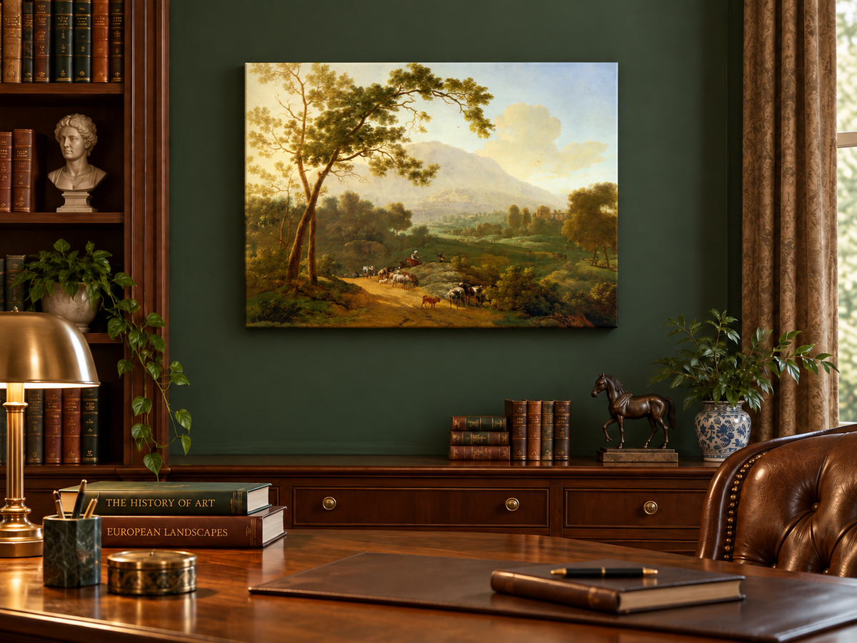 Hand-painted Southern Valley with Herdsmen landscape oil painting displayed as wall art in a styled interior