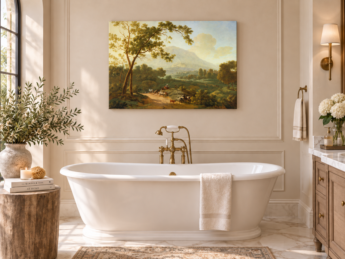 Hand-painted Southern Valley with Herdsmen landscape oil painting displayed as wall art in a styled interior