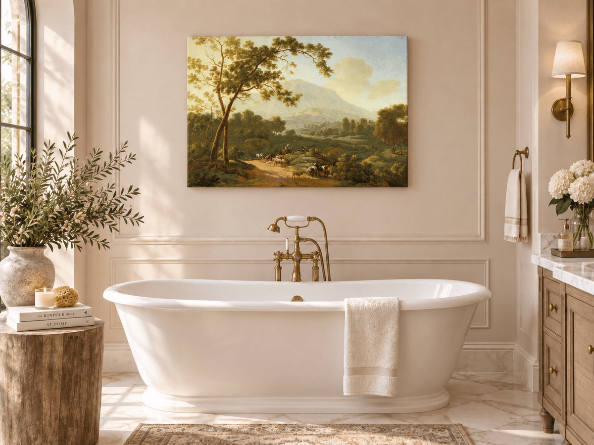 Hand-painted Southern Valley with Herdsmen landscape oil painting displayed as wall art in a styled interior