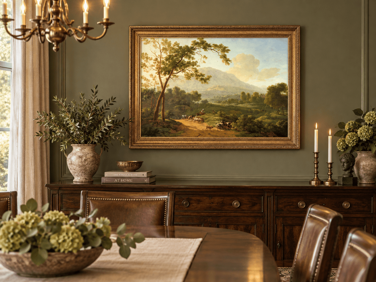 Hand-painted Southern Valley with Herdsmen landscape oil painting displayed as wall art in a styled interior