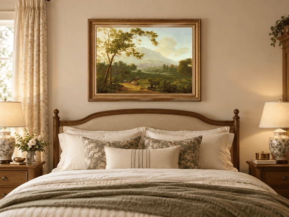 Hand-painted Southern Valley with Herdsmen landscape oil painting displayed as wall art in a styled interior