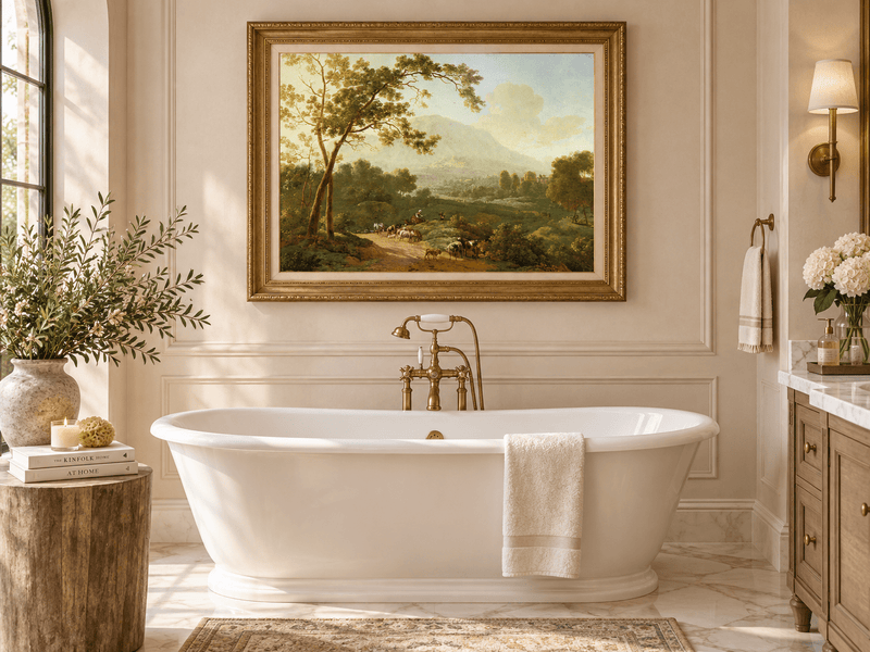 Hand-painted Southern Valley with Herdsmen landscape oil painting displayed as wall art in a styled interior