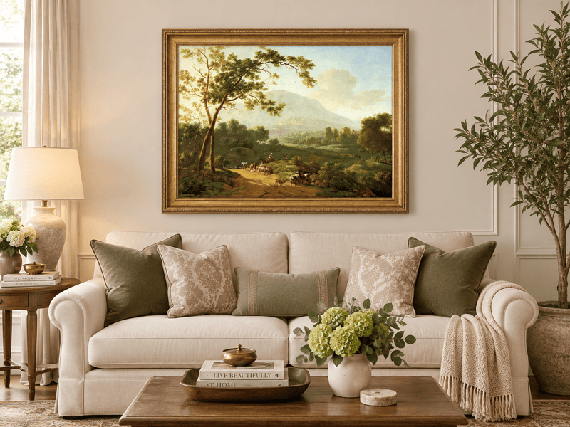 Hand-painted Southern Valley with Herdsmen landscape oil painting displayed as wall art in a styled interior