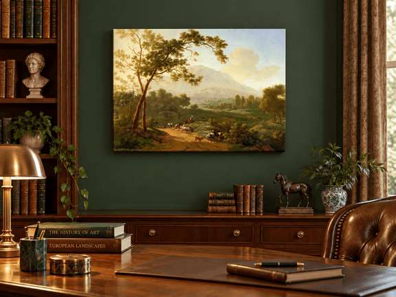 Hand-painted Southern Valley with Herdsmen landscape oil painting displayed as wall art in a styled interior