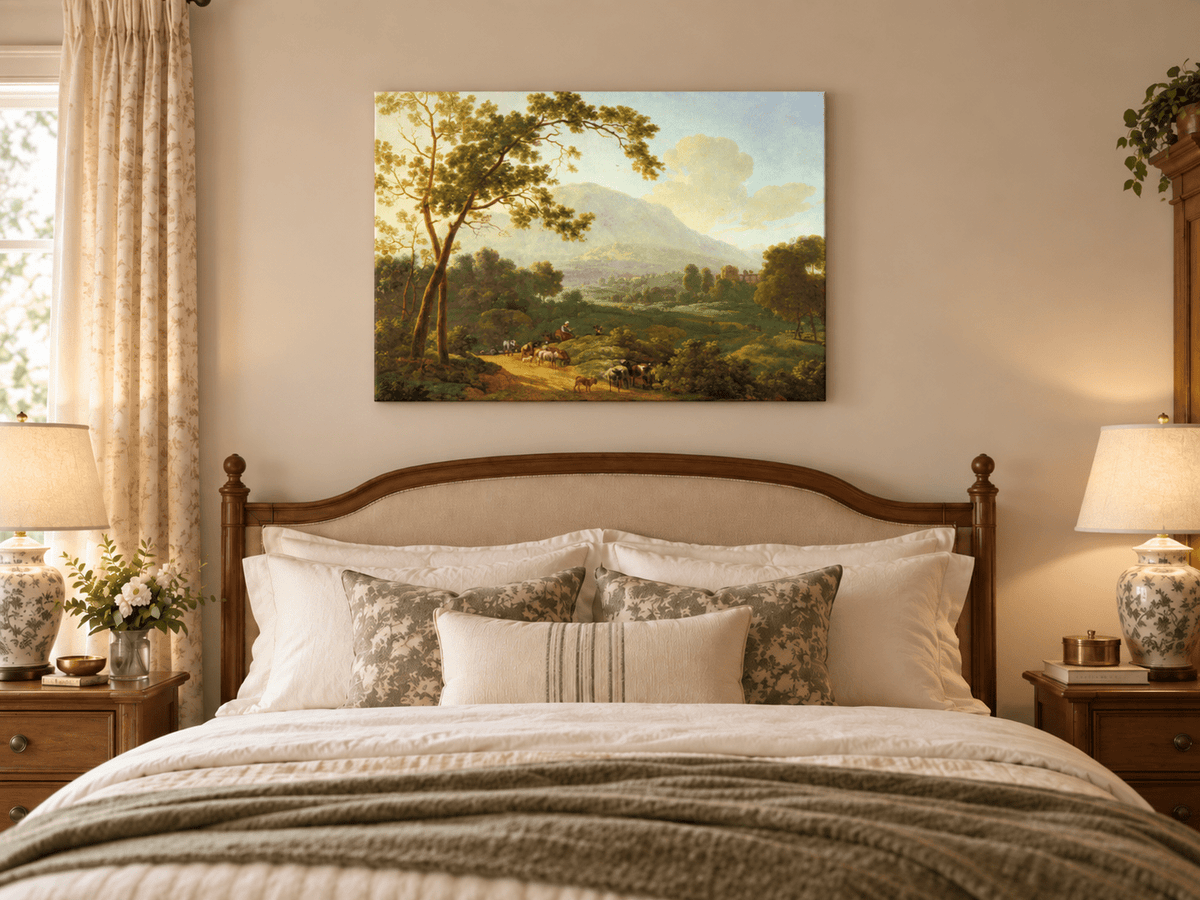 Hand-painted Southern Valley with Herdsmen landscape oil painting displayed as wall art in a styled interior