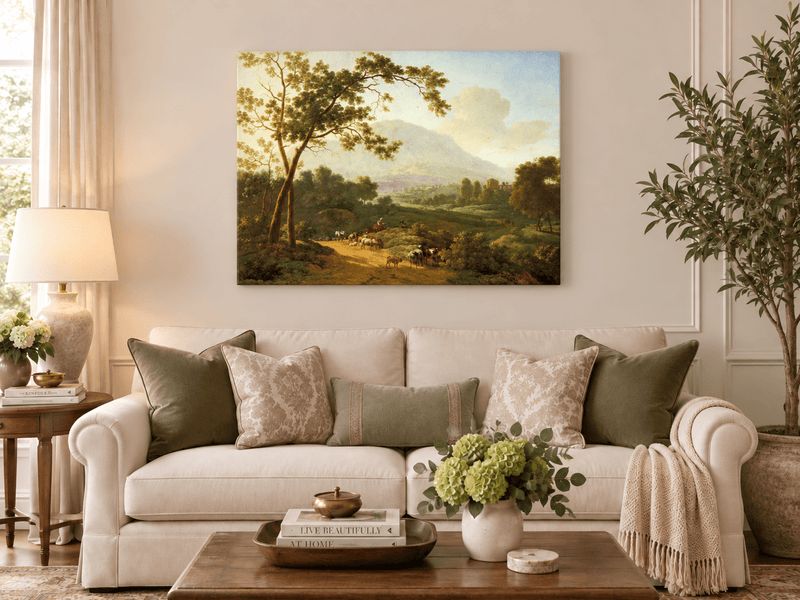 Hand-painted Southern Valley with Herdsmen landscape oil painting displayed as wall art in a styled interior
