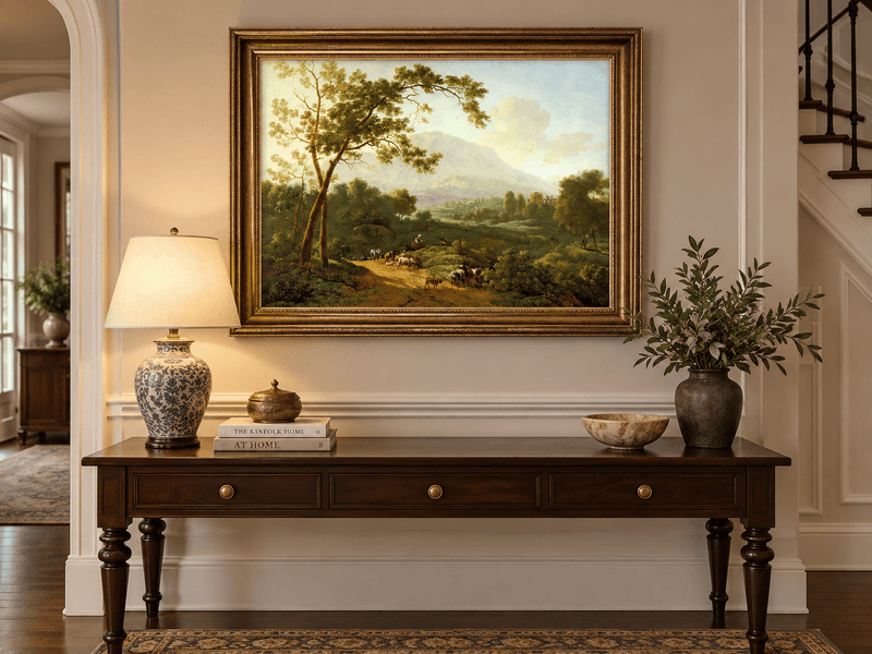 Hand-painted Southern Valley with Herdsmen landscape oil painting displayed as wall art in a styled interior