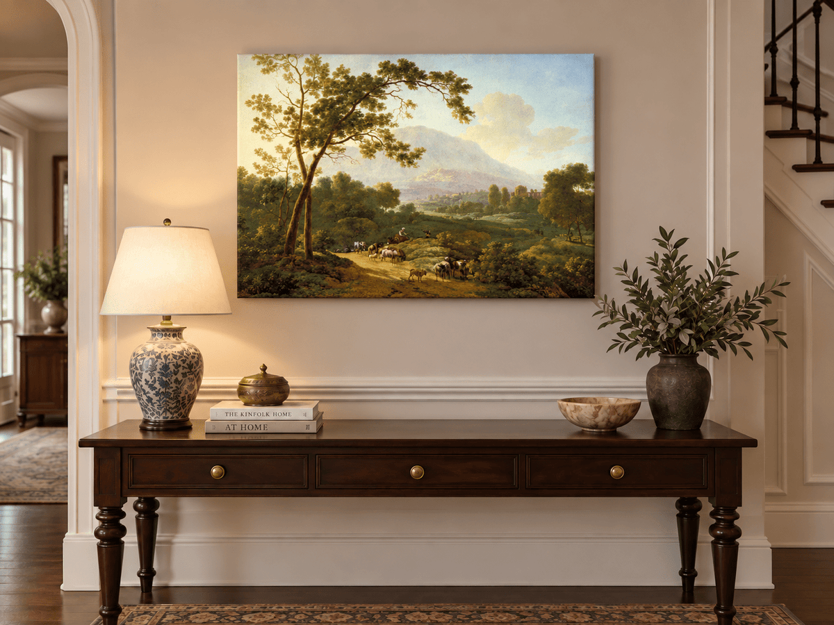 Hand-painted Southern Valley with Herdsmen landscape oil painting displayed as wall art in a styled interior