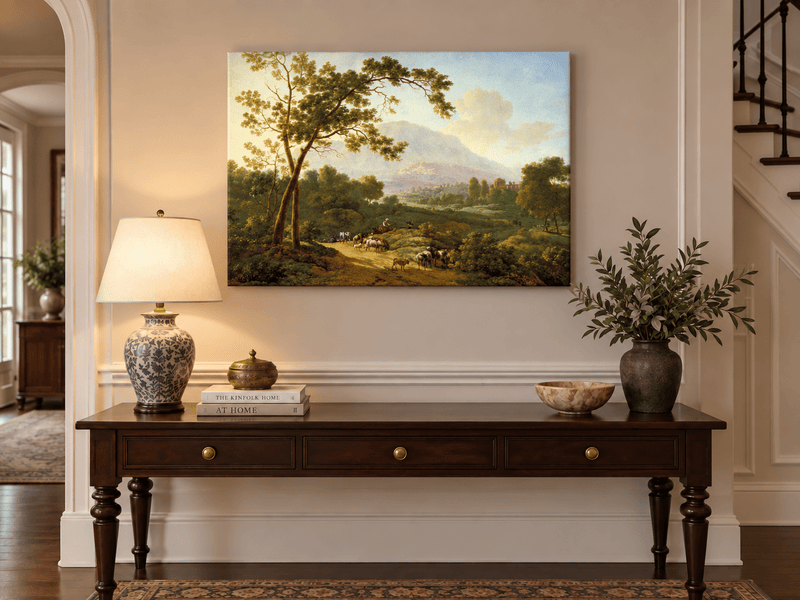 Hand-painted Southern Valley with Herdsmen landscape oil painting displayed as wall art in a styled interior