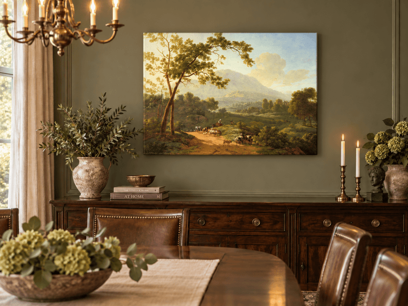 Hand-painted Southern Valley with Herdsmen landscape oil painting displayed as wall art in a styled interior