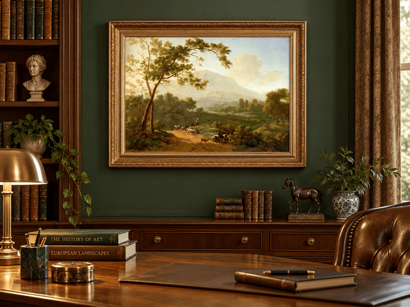 Hand-painted Southern Valley with Herdsmen landscape oil painting displayed as wall art in a styled interior
