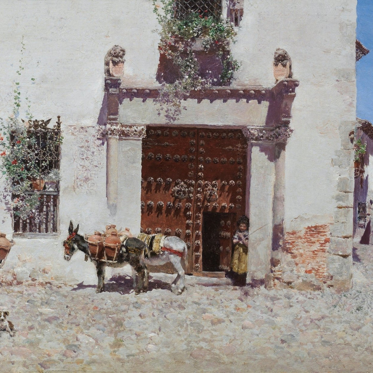 Landscape Oil Painting - Spanish Courtyard with Donkeys - Oil Painting Haven