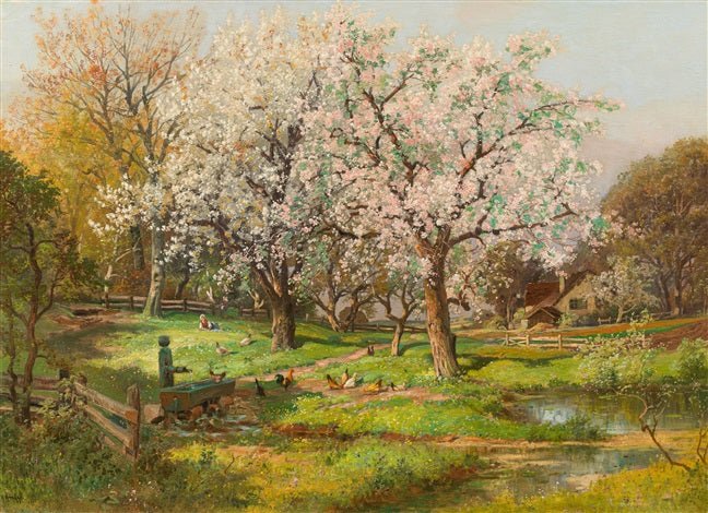 Landscape Oil Painting - Spring Blossom Orchard and Cottage Pond - Oil Painting Haven