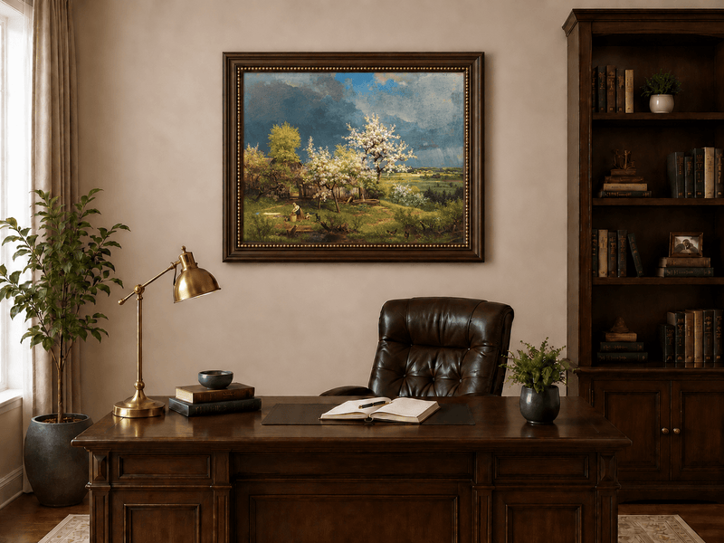 Landscape Oil Painting - Spring Blossom Orchard and Cottage View