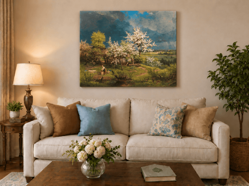 Landscape Oil Painting - Spring Blossom Orchard and Cottage View
