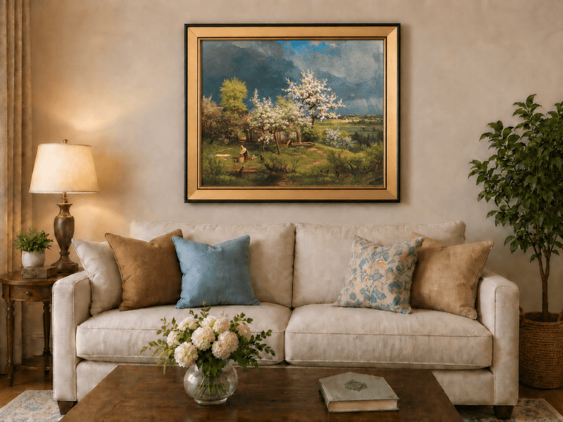 Landscape Oil Painting - Spring Blossom Orchard and Cottage View