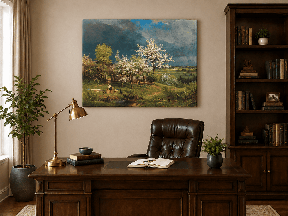 Landscape Oil Painting - Spring Blossom Orchard and Cottage View