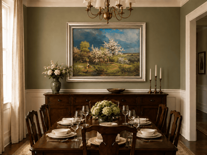 Landscape Oil Painting - Spring Blossom Orchard and Cottage View