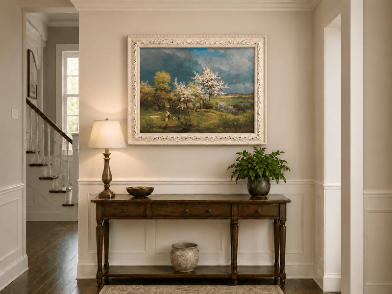 Landscape Oil Painting - Spring Blossom Orchard and Cottage View