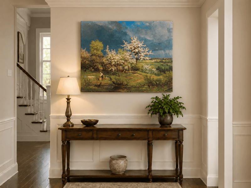 Landscape Oil Painting - Spring Blossom Orchard and Cottage View