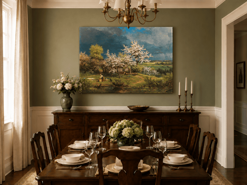 Landscape Oil Painting - Spring Blossom Orchard and Cottage View