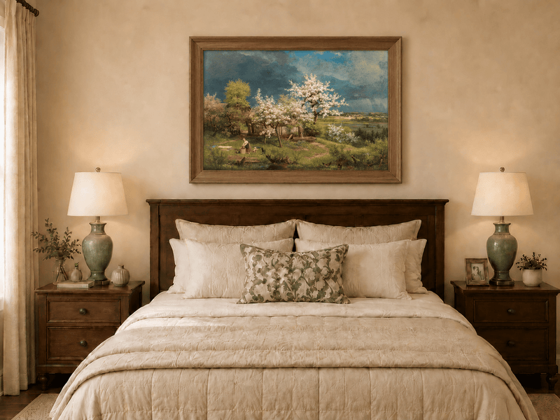 Landscape Oil Painting - Spring Blossom Orchard and Cottage View