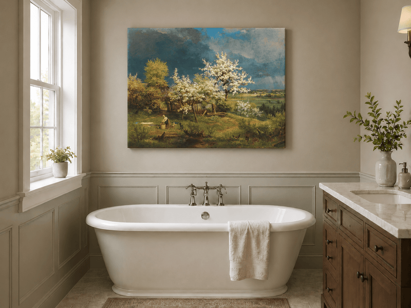 Landscape Oil Painting - Spring Blossom Orchard and Cottage View