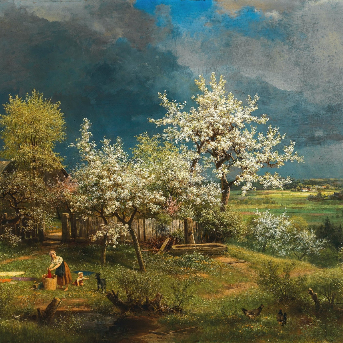 Hand-painted spring blossom orchard and cottage view landscape oil painting on canvas